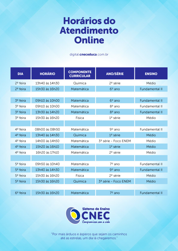 Tabela de Horrios do atendimento Online