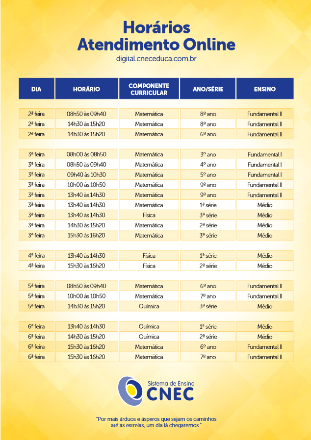 Tabela de Horrios do atendimento Online