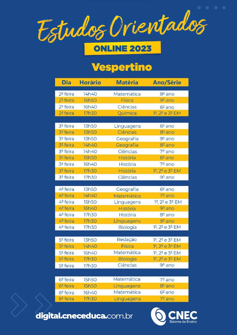 Horrios Estudos Orientados - Vespertino